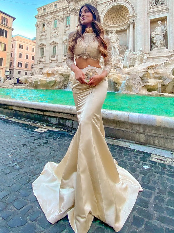 Abiti due pezzi con scollo a V, maniche lunghe, in raso e pizzo, a tubino/colonna