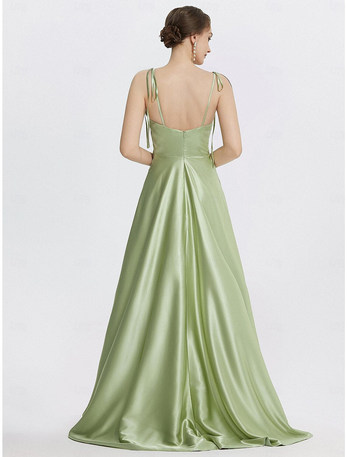Vestido de noche elegante de corte A, vestido formal de graduación, largo hasta el suelo, sin mangas, tirantes finos, satén con abertura fruncida y tiras