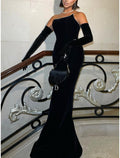 Black Velvet One-Shoulder Floor-Length Sheath/column Dress with Rhinestone Trim