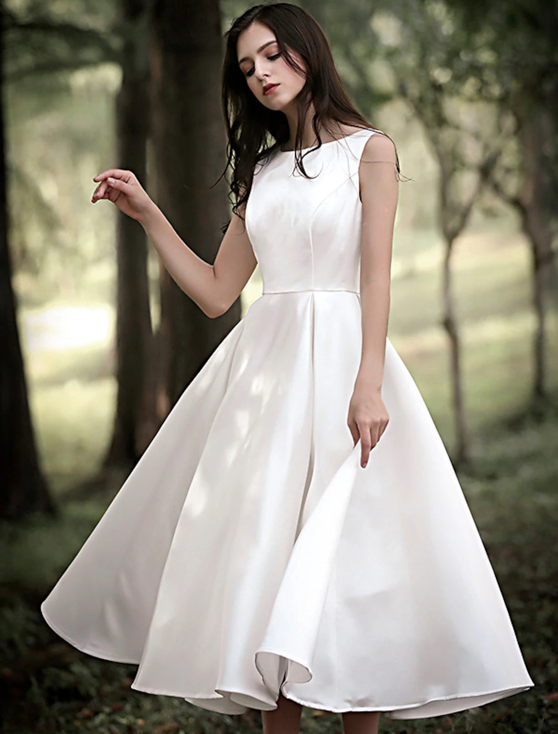 Vestidos de novia blancos cortos de recepción, corte A, escote redondo, sin mangas, largo hasta la rodilla, de satén, color liso