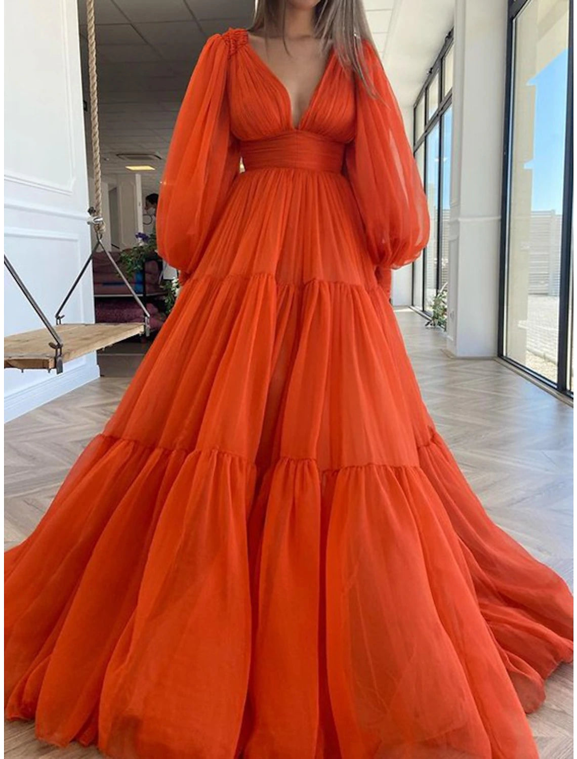 Orange Chiffon A-Line Floor-Length Evening Dress with Voluminous Puff Sleeves and Tiered Skirt