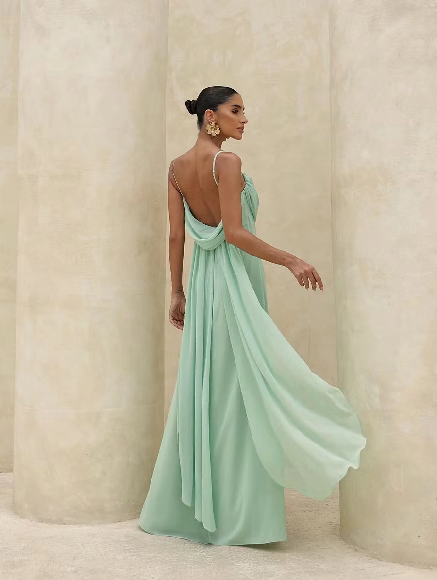 Mint Green Chiffon A-Line Cowl Neck Low-Back Floor-Length Dress Back View - Jimiss
