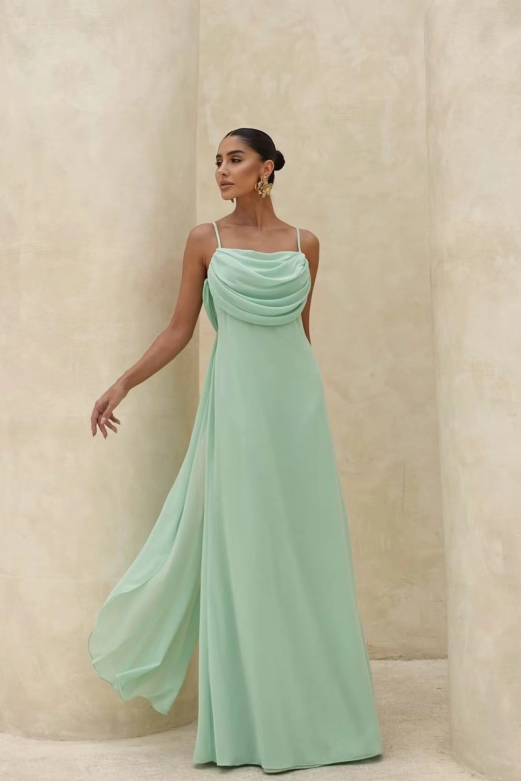 Mint Green Chiffon A-Line Cowl Neck Low-Back Floor-Length Dress Front View - Jimiss