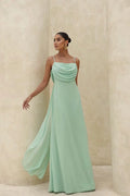 Mint Green Chiffon A-Line Cowl Neck Low-Back Floor-Length Dress Front View - Jimiss