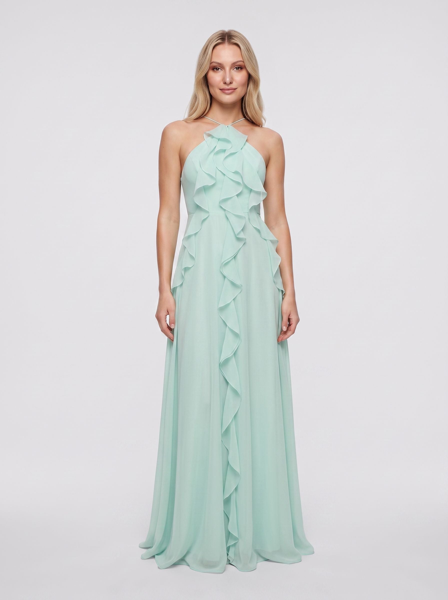 Mint Green Chiffon A-Line Halter Criss-Cross Lace-Up Back Floor-Length Dress Front View - Jimiss