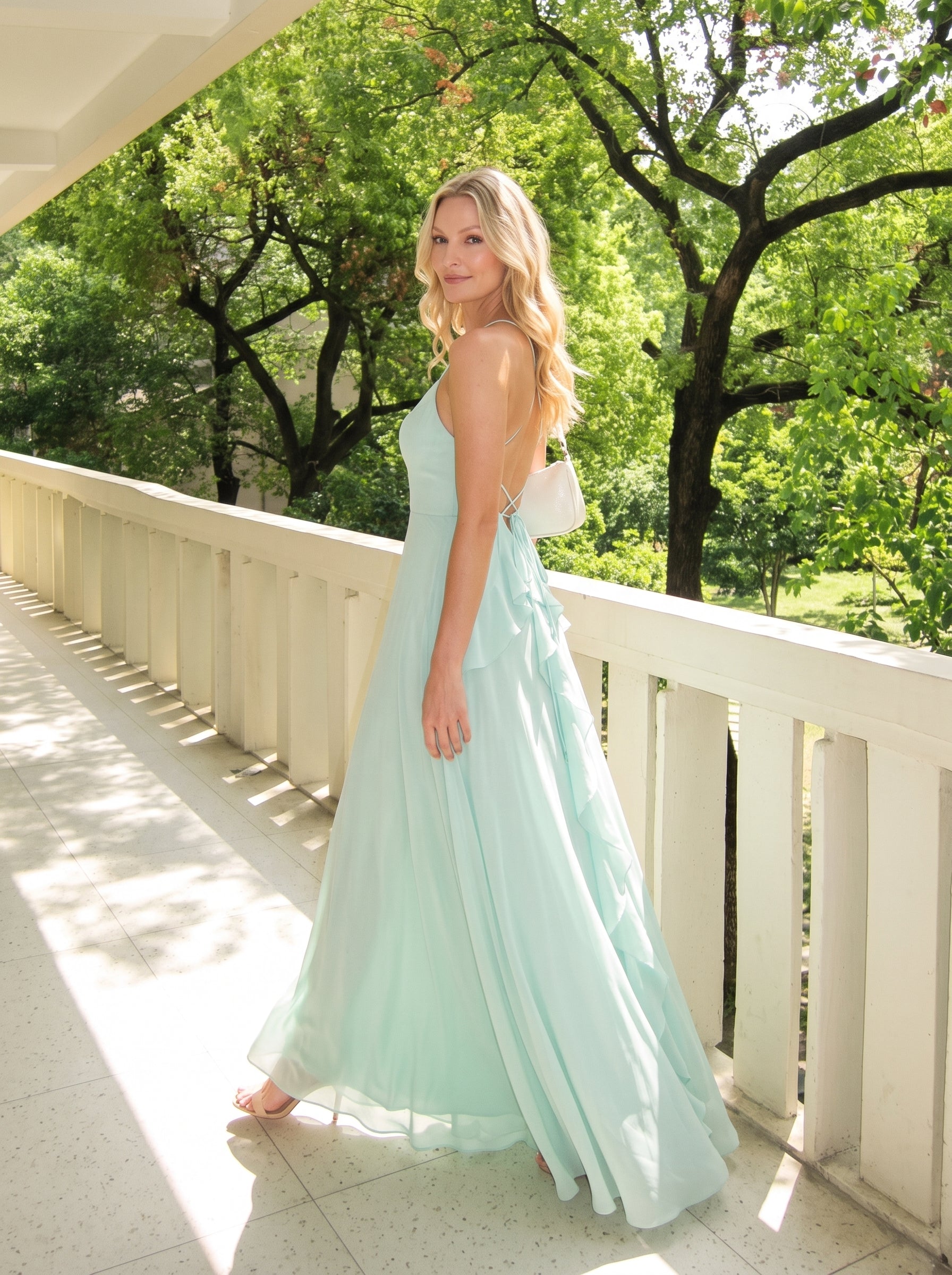 Mint Green Chiffon A-Line Halter Criss-Cross Lace-Up Back Floor-Length Dress - Jimiss