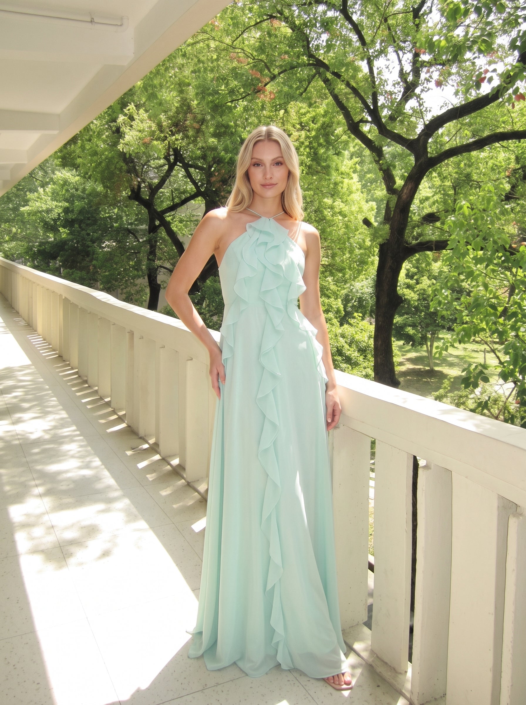 Mint Green Chiffon A-Line Halter Criss-Cross Lace-Up Back Floor-Length Dress - Jimiss
