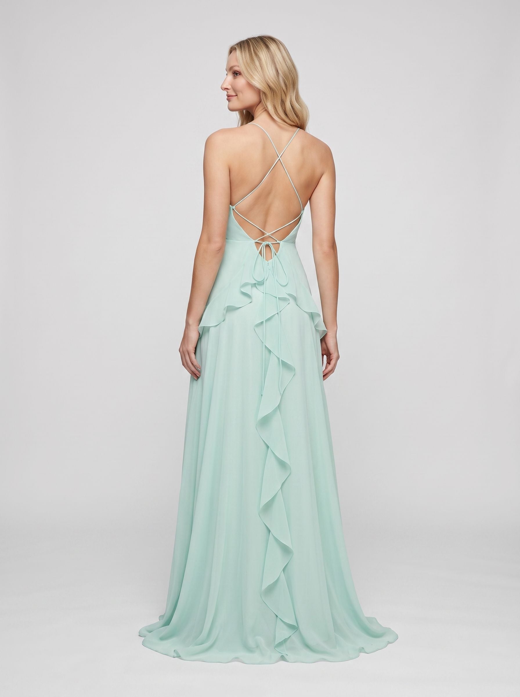 Mint Green Chiffon A-Line Halter Criss-Cross Lace-Up Back Floor-Length Dress - Jimiss
