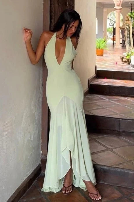 Mint Green Chiffon and Crepe Mermaid Plunging V Neck Floor Length Dress Front View - Jimiss