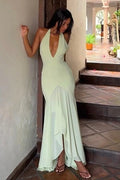 Mint Green Chiffon and Crepe Mermaid Plunging V Neck Floor Length Dress Front View - Jimiss