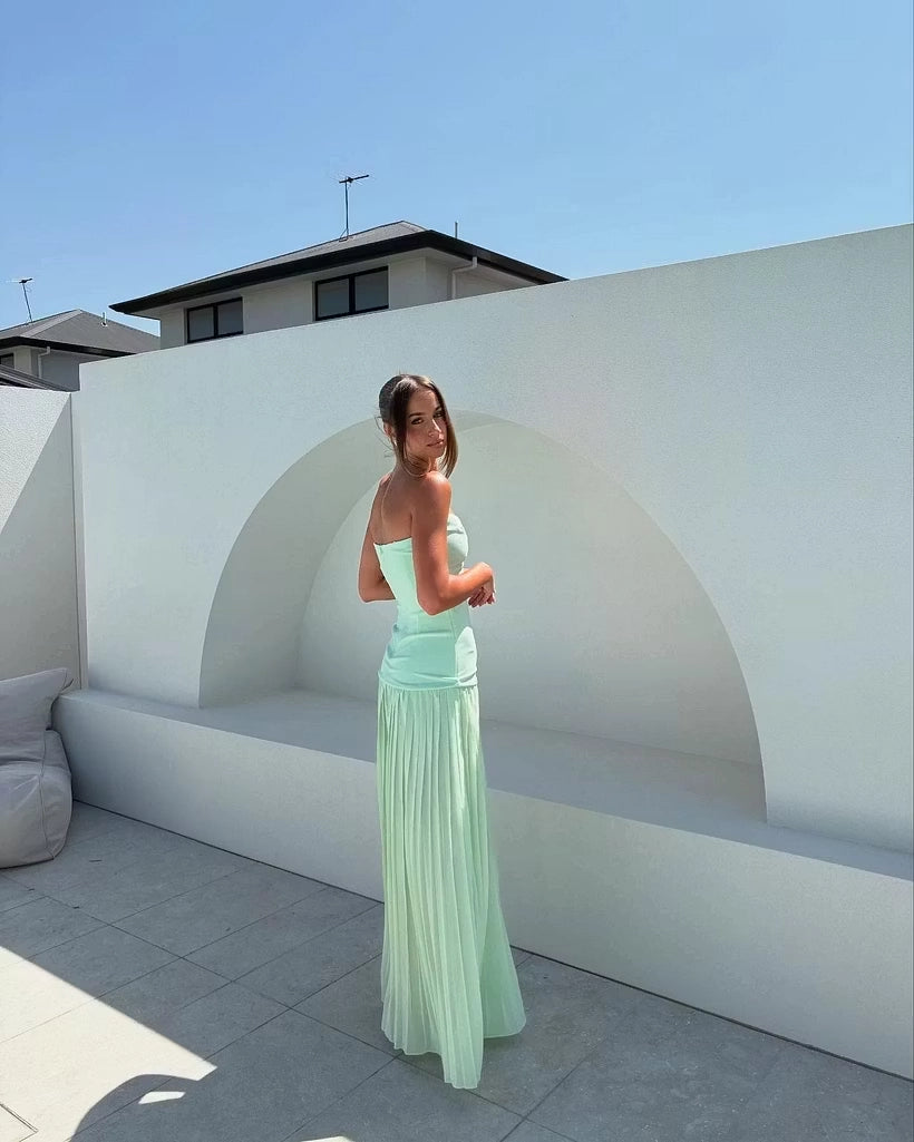 Mint Green Chiffon & Crepe A-Line Sweetheart Zipper Back Floor Length Dress Back View - Jimiss