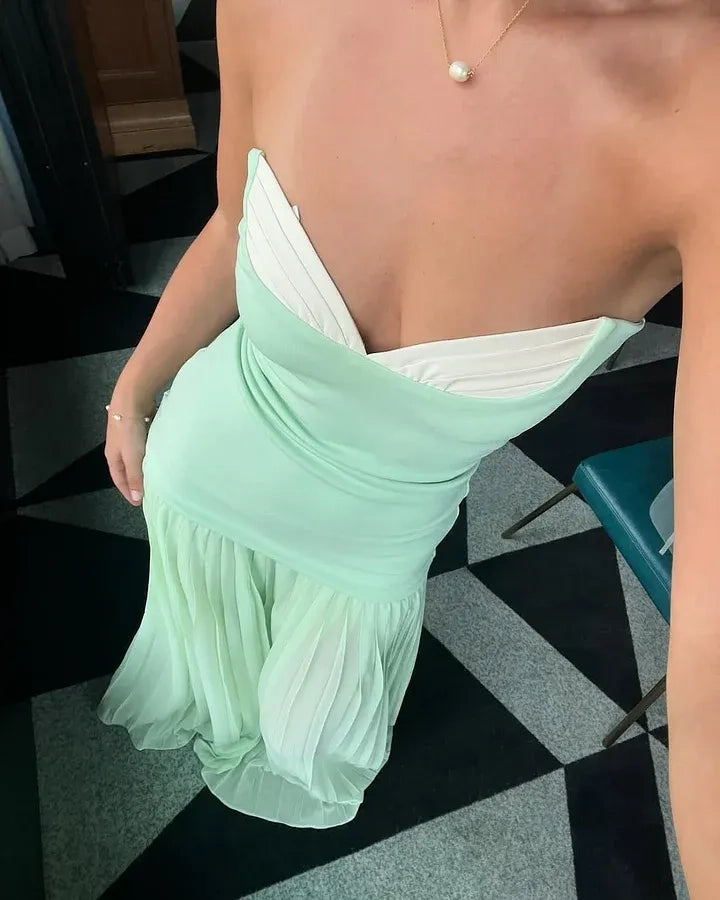 Mint Green Chiffon & Crepe A-Line Sweetheart Zipper Back Floor Length Dress Detail - Jimiss