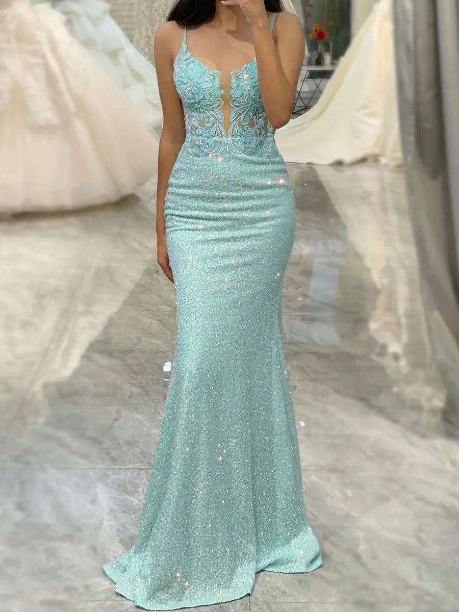 Mint Green Glitter Fabric Mermaid V-Neck Low-Back Floor-Length Dress - Jimiss