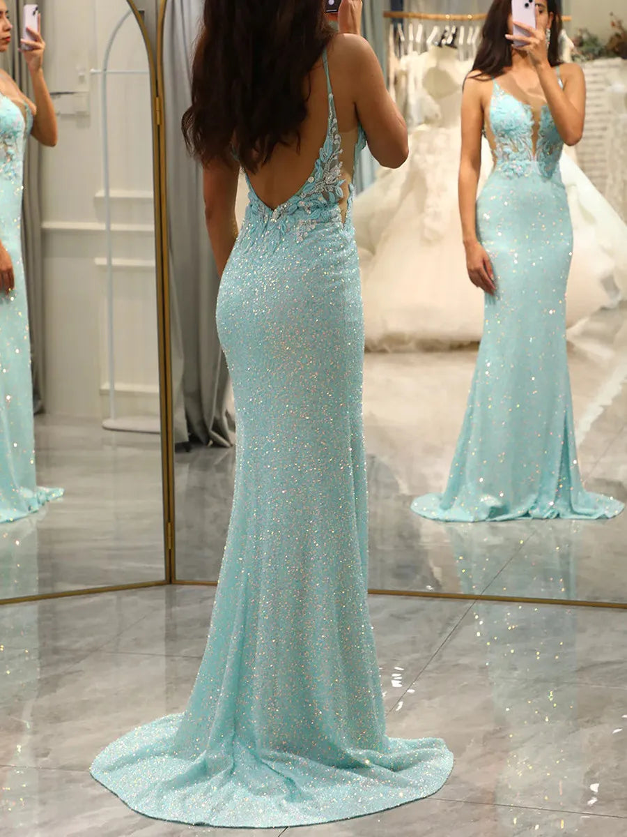 Mint Green Glitter Fabric Mermaid V-Neck Low-Back Floor-Length Dress - Jimiss