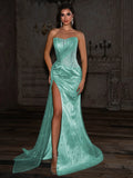 Mint Green Glitter Mesh & Sequins Sheath-Column Sweetheart Floor-Length Dress - Jimiss