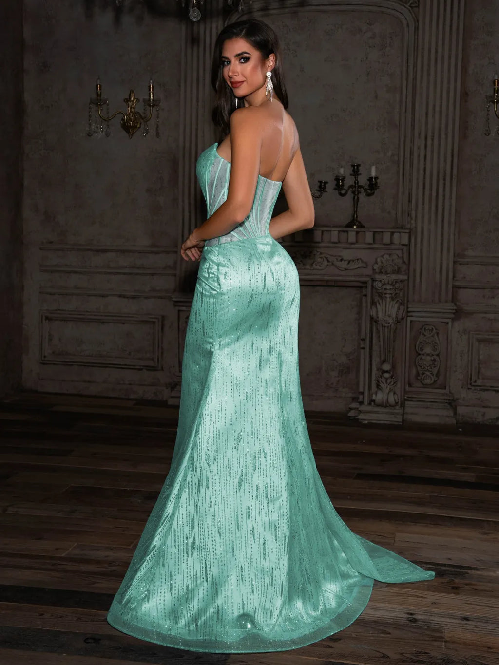 Mint Green Glitter Mesh & Sequins Sheath-Column Sweetheart Floor-Length Dress - Jimiss