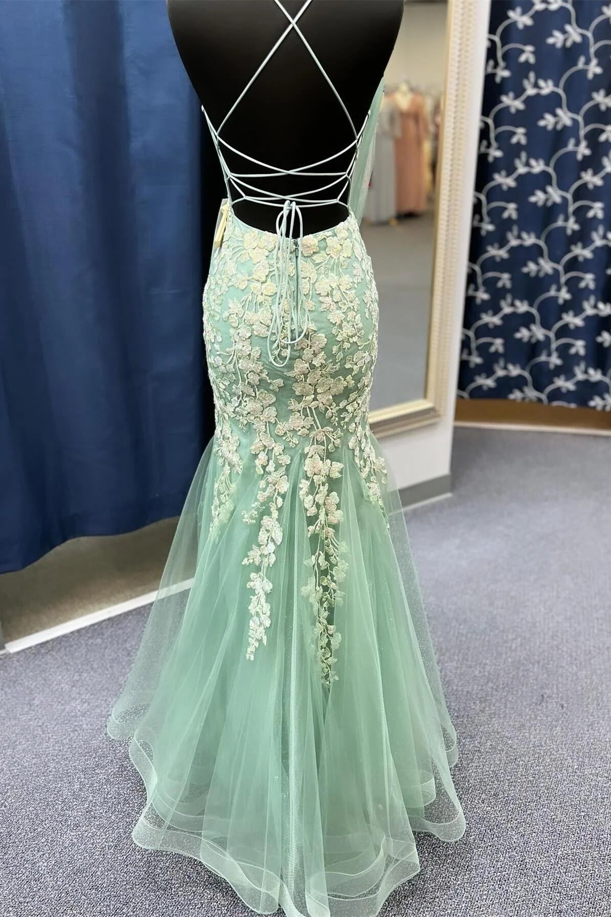 Mint Green Lace & Tulle Mermaid Sweetheart Lace-Up Floor-Length Dress - Jimiss