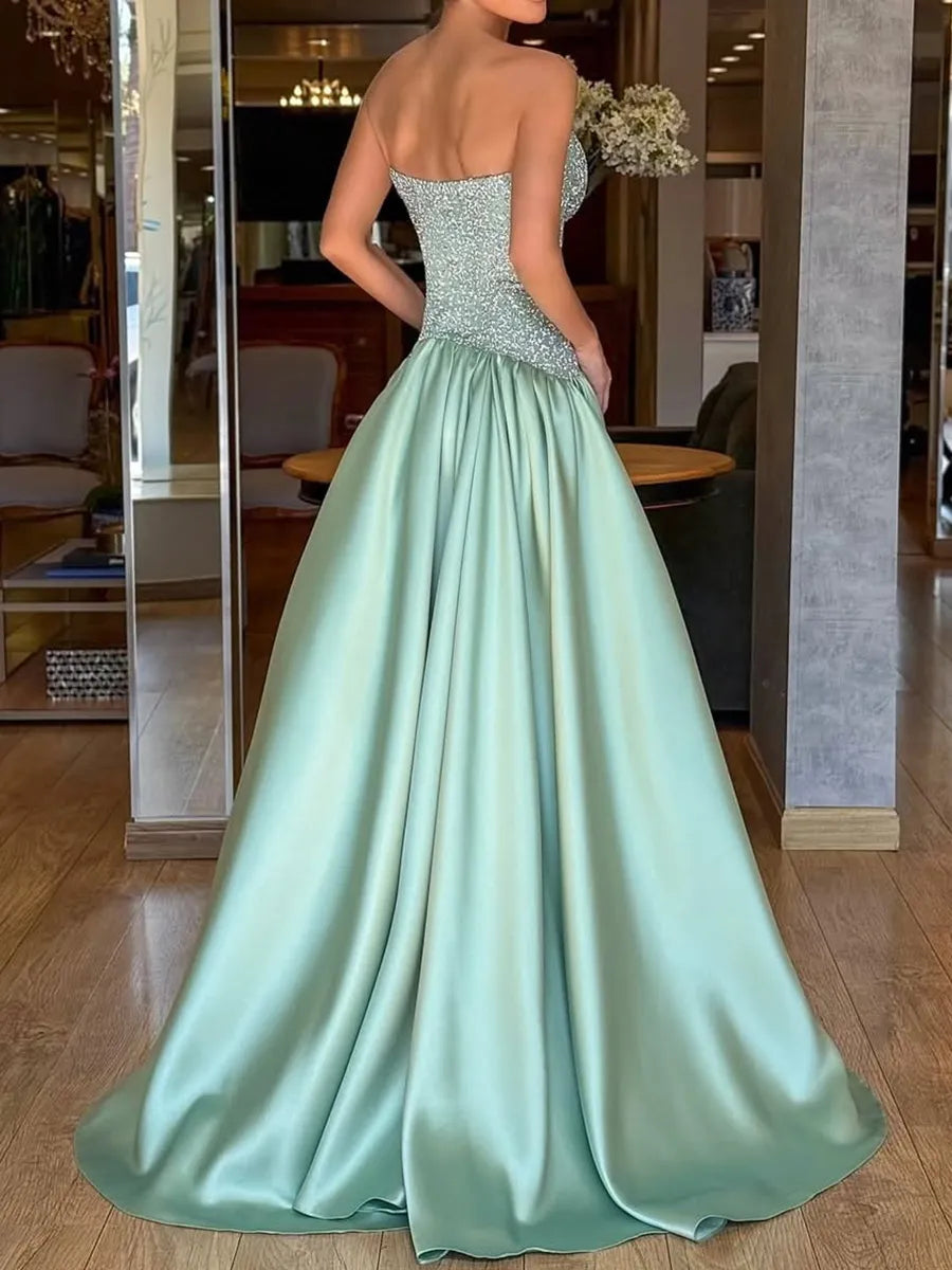 Mint Green Sequin & Satin a-line sweetheart low-back floor-length Dress Back View - Jimiss