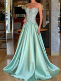 Mint Green Sequin & Satin a-line sweetheart low-back floor-length Dress - Jimiss