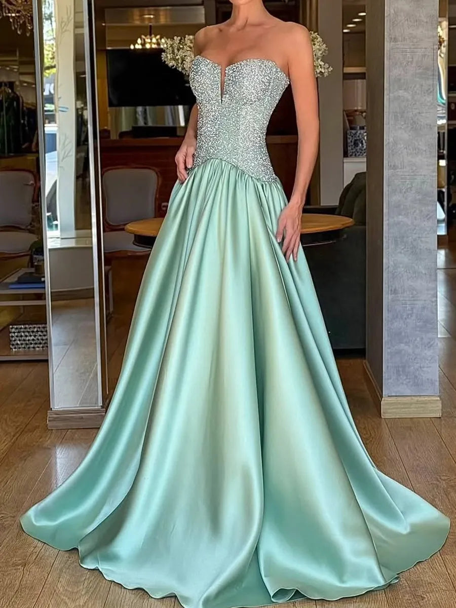 Mint Green Sequin & Satin a-line sweetheart low-back floor-length Dress - Jimiss