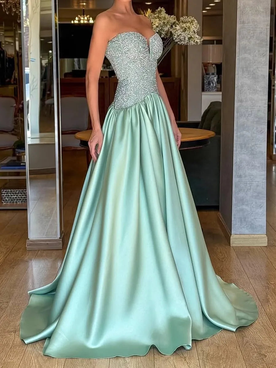 Mint Green Sequin & Satin a-line sweetheart low-back floor-length Dress - Jimiss