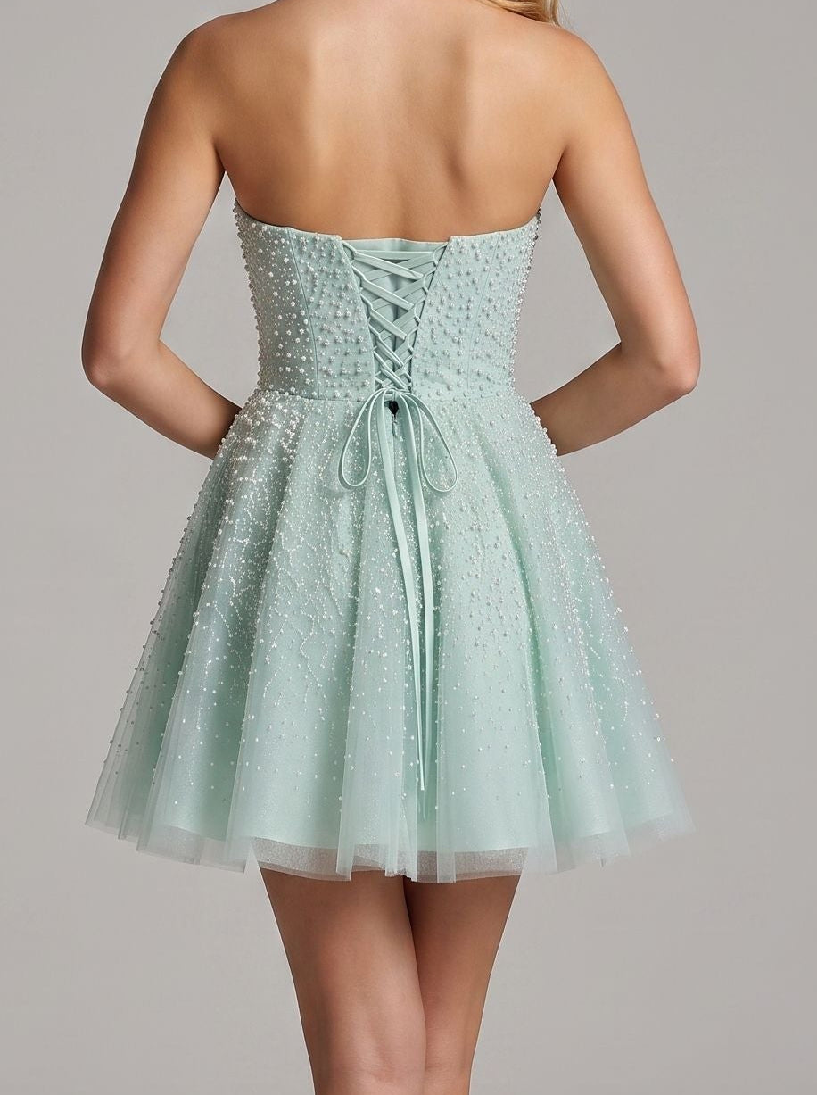 Mint Green Tulle A-Line Straight Across Lace-up Back Mini Dress Back View - Jimiss