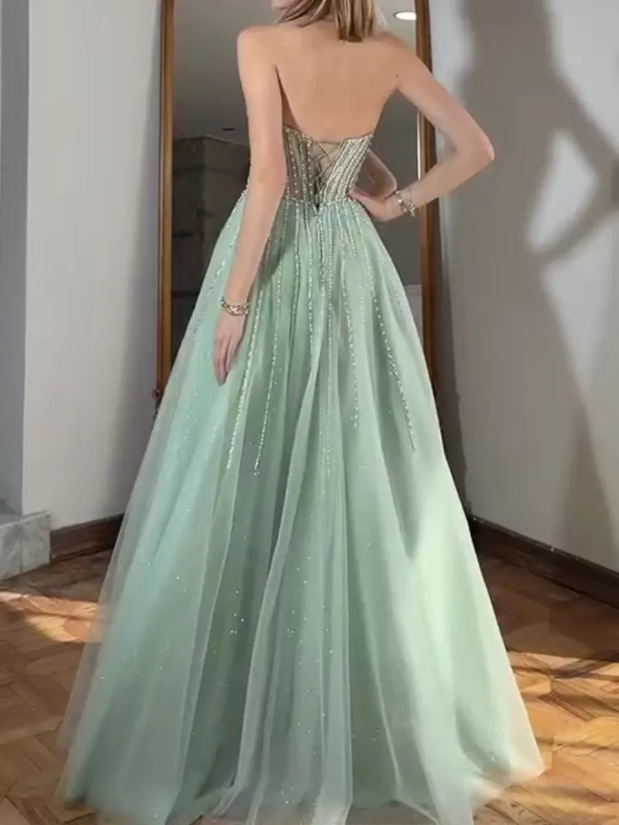 Mint Green Tulle A-Line Sweetheart Lace-up Floor-Length Dress - Jimiss
