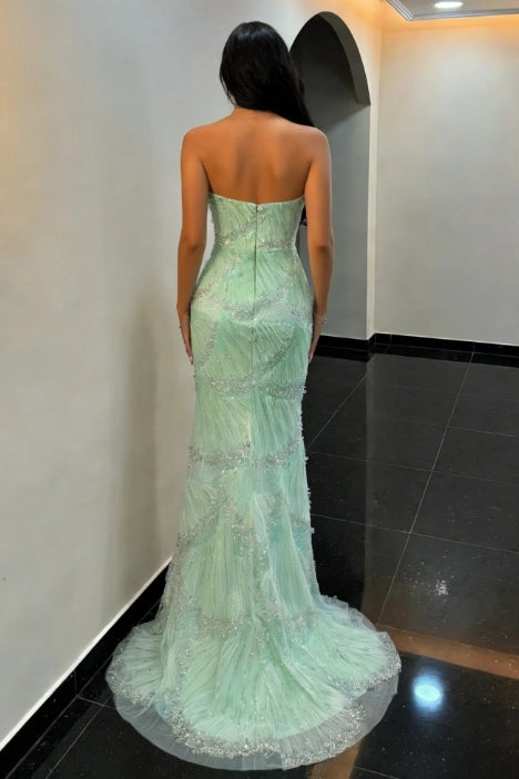 Mint Green Tulle Mermaid Sweetheart Zipper Back Floor Length Dress Back View - Jimiss