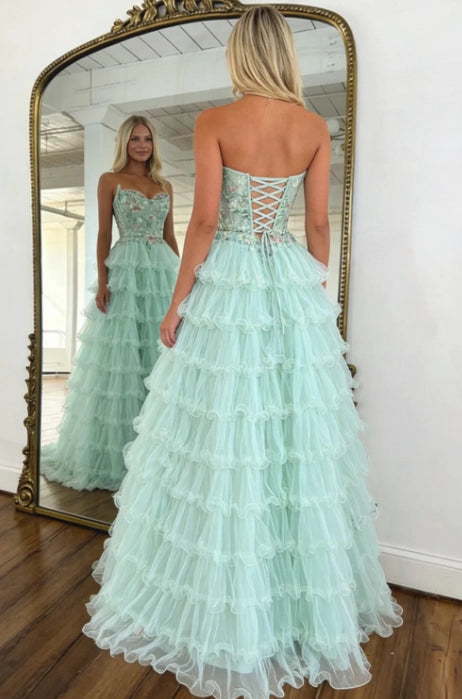 Mint Green Tulle & Mesh Ball Gown Sweetheart Lace-up Back Floor-Length Dress Back View - Jimiss