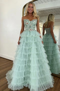 Mint Green Tulle & Mesh Ball Gown Sweetheart Lace-up Back Floor-Length Dress Front View - Jimiss