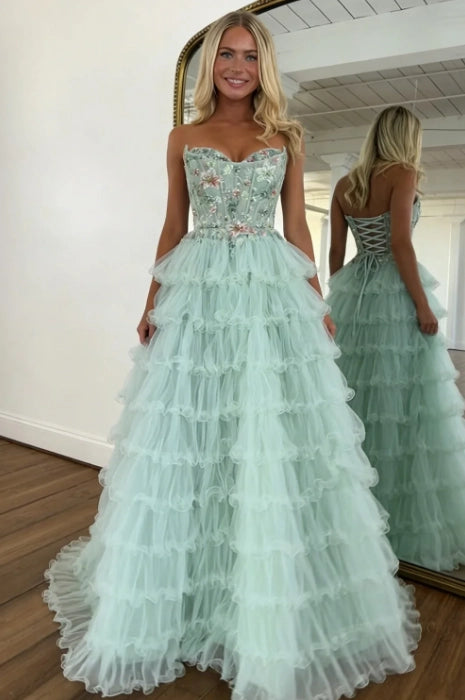 Mint Green Tulle & Mesh Ball Gown Sweetheart Lace-up Back Floor-Length Dress Front View - Jimiss