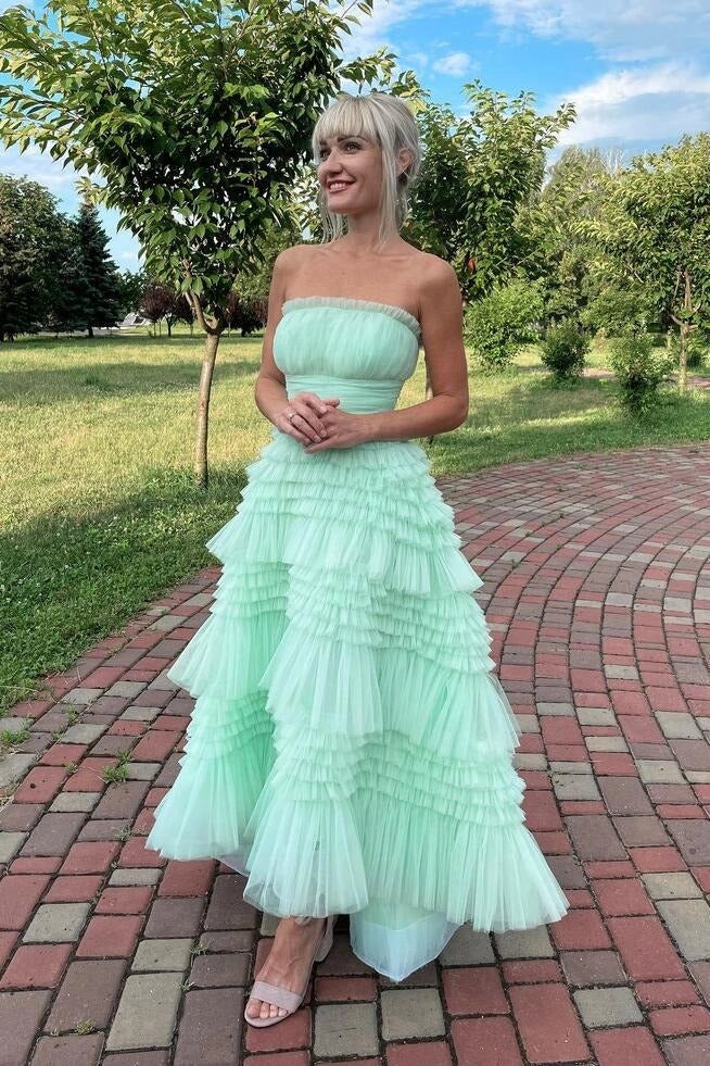 Mint Green Tulle tiered strapless lace-up-back ankle-length Dress - Jimiss