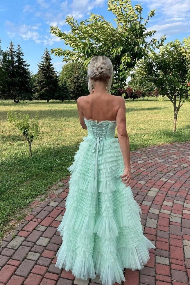 Mint Green Tulle tiered strapless lace-up-back ankle-length Dress - Jimiss