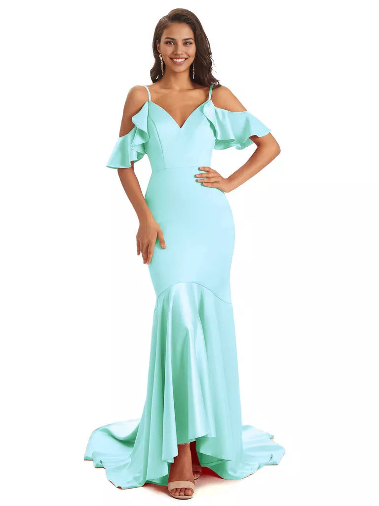 Soft Satin Asymmetric Spaghetti Straps Sleeveless Mermaid Cold Shoulder Bridesmaid Dresses