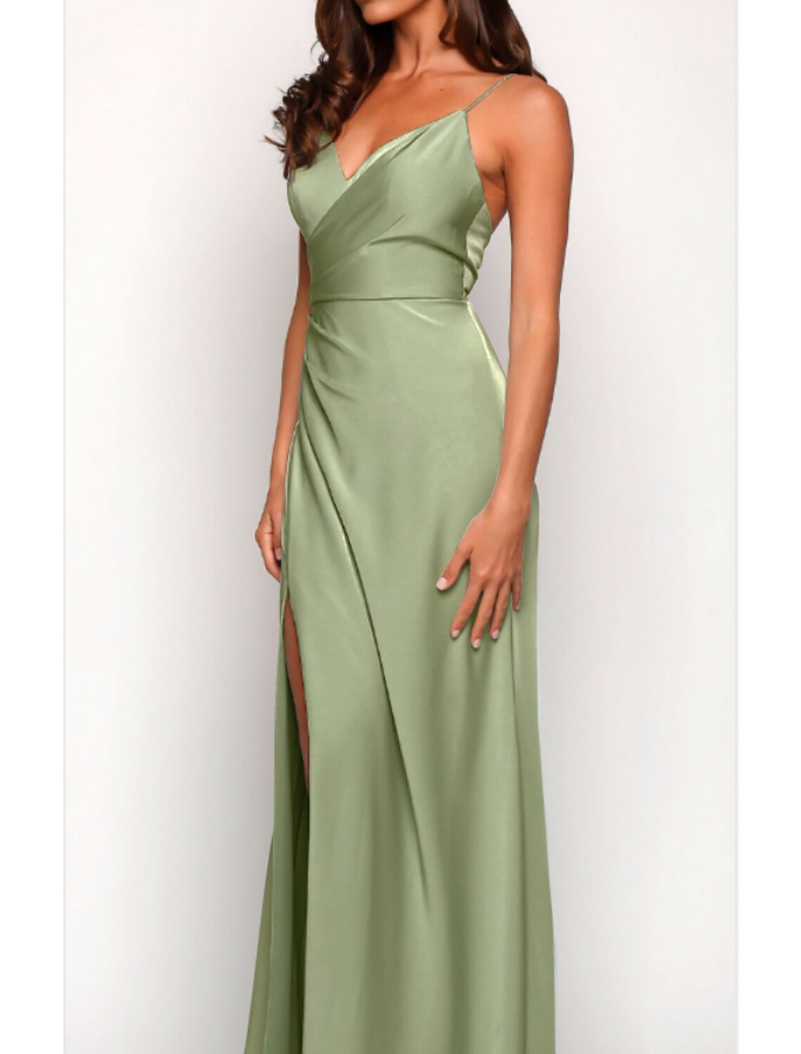 Sage Green Satin V-Neck Sheath/column Floor-Length Bridesmaid Dress with Draped Bodice & High Slit