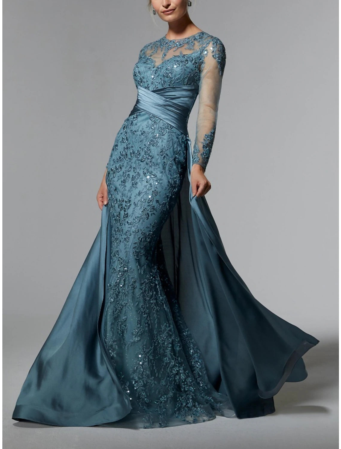 Teal Illusion Neck Floor-Length Sheath/column Dress with Sequined Lace