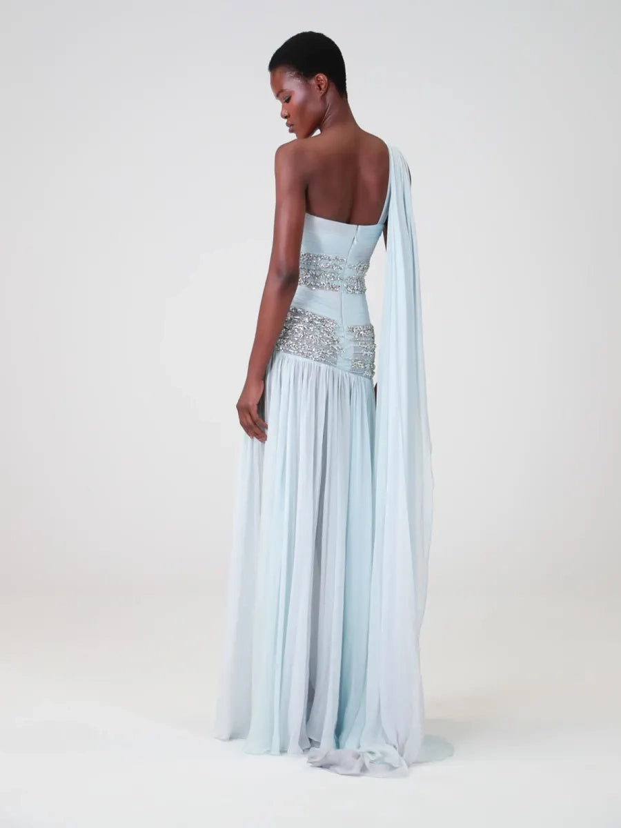 Mist Blue Chiffon A-line One-shoulder Floor-length Dress Back View - Jimiss