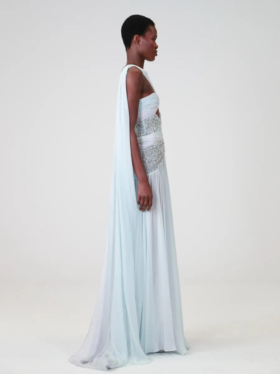 Mist Blue Chiffon A-line One-shoulder Floor-length Dress Detail - Jimiss