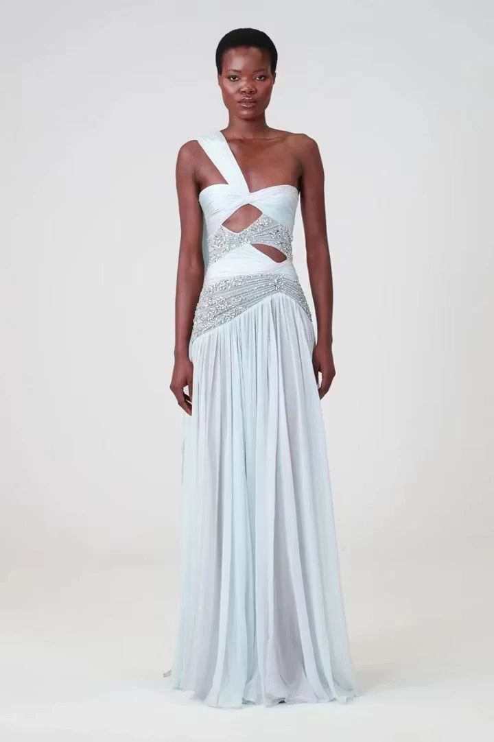 Mist Blue Chiffon A-line One-shoulder Floor-length Dress Front View - Jimiss