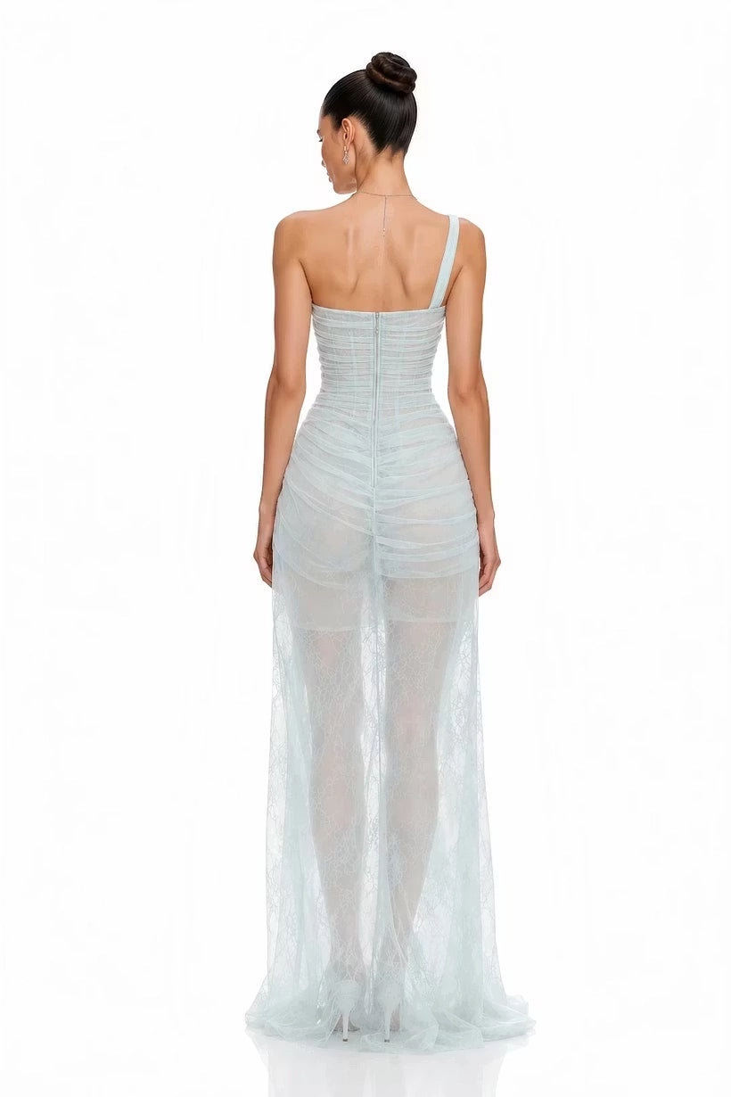 Mist Blue Mesh and Lace Sheath Column One Shoulder Floor Length Dress Back View - Jimiss