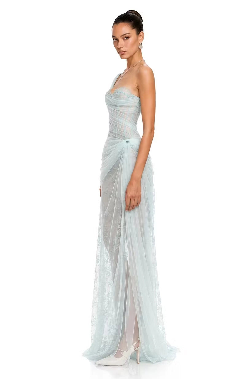 Mist Blue Mesh and Lace Sheath Column One Shoulder Floor Length Dress Detail - Jimiss
