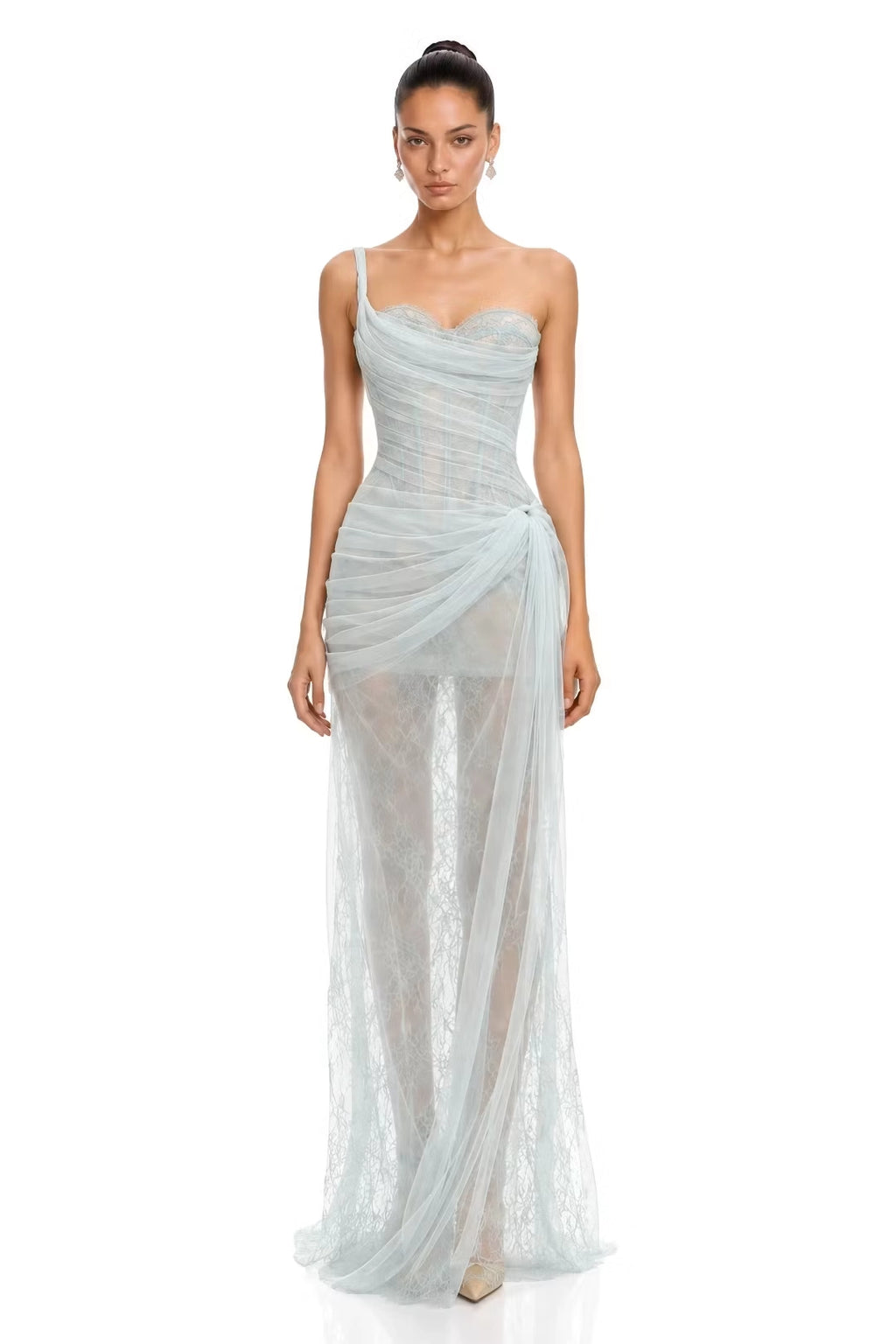 Mist Blue Mesh and Lace Sheath Column One Shoulder Floor Length Dress Front View - Jimiss