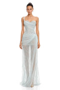 Mist Blue Mesh and Lace Sheath Column One Shoulder Floor Length Dress Front View - Jimiss