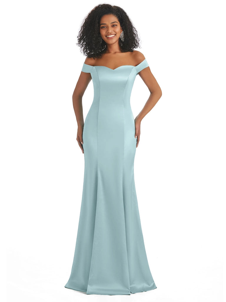 Vestidos de dama de honor largos, sencillos, de satén suave, sin mangas y con hombros descubiertos, de corte sirena