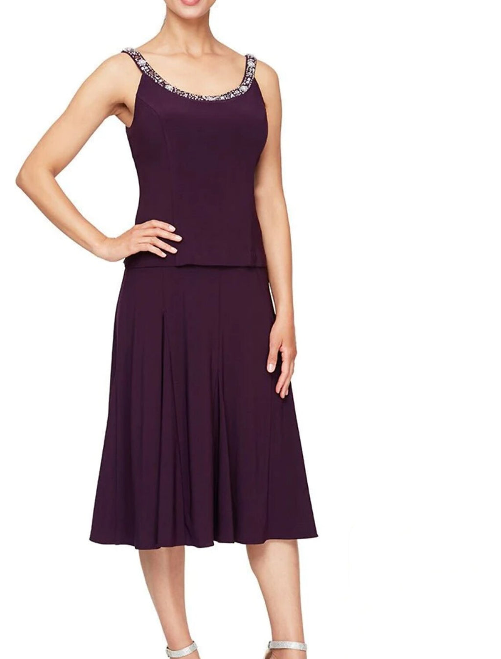 Dark Navy Crepe A-Line Tea-Length Evening Dress with Embellished Keyhole Neckline and Pleated Skirt