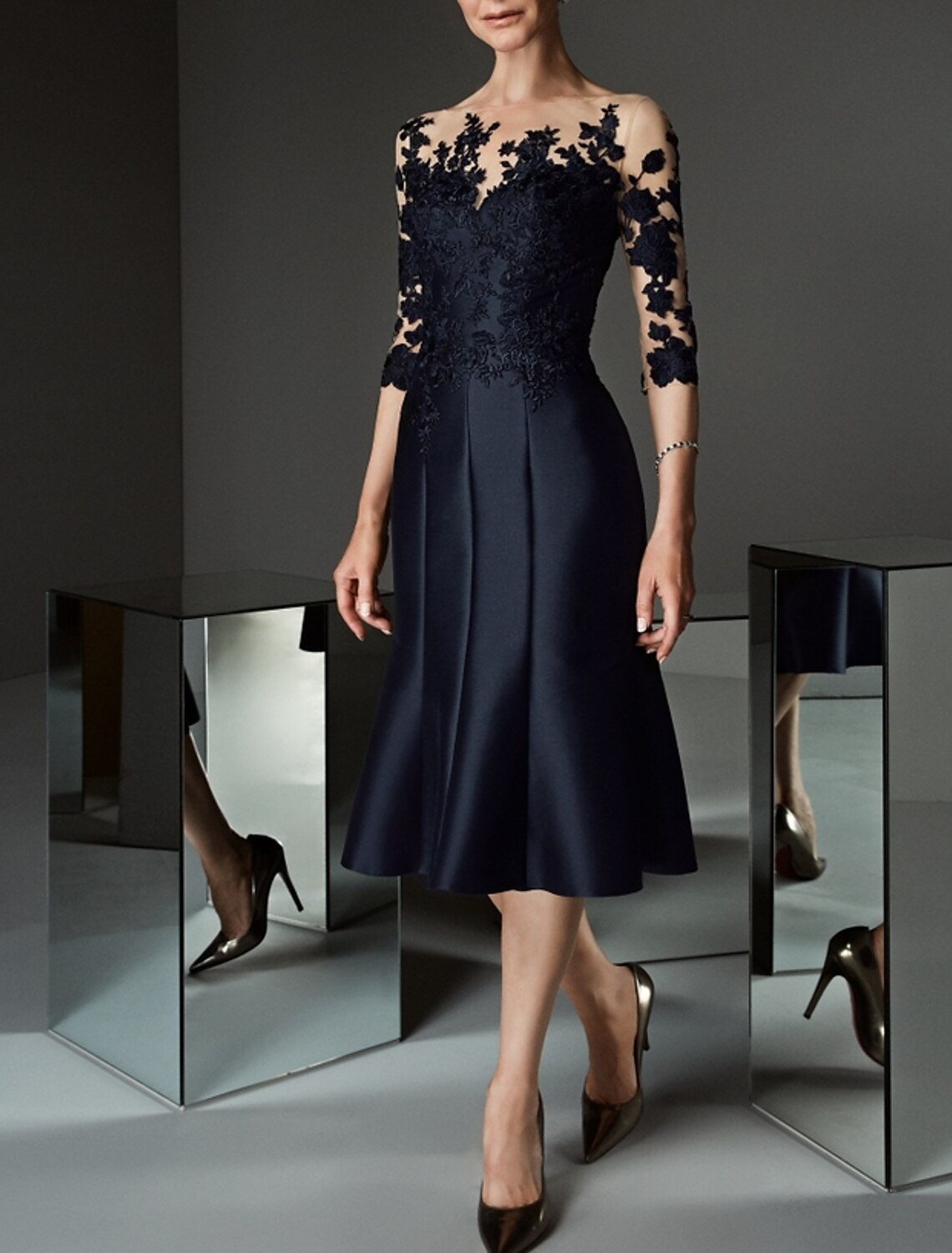 Dark Navy Satin A-Line Tea-Length Dress with Illusion Lace Bodice