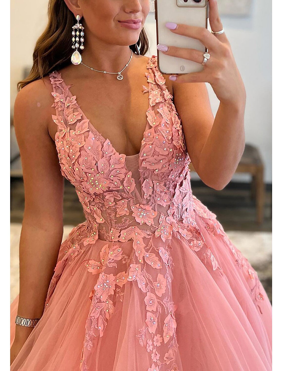 Pink Tulle A-Line Floor-Length Evening Dress with Plunging V-Neck & Embellished Lace Appliques