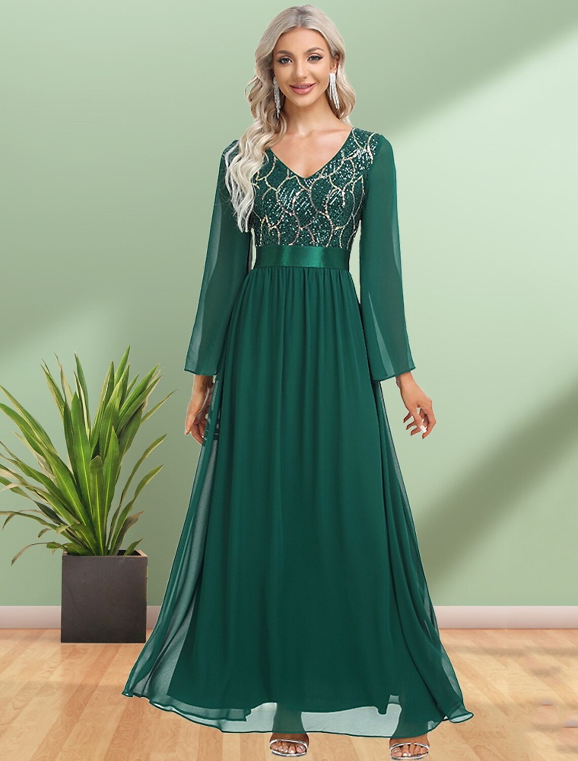 Emerald Chiffon A-Line V-Neck Floor-Length Dress with Sequin Bodice
