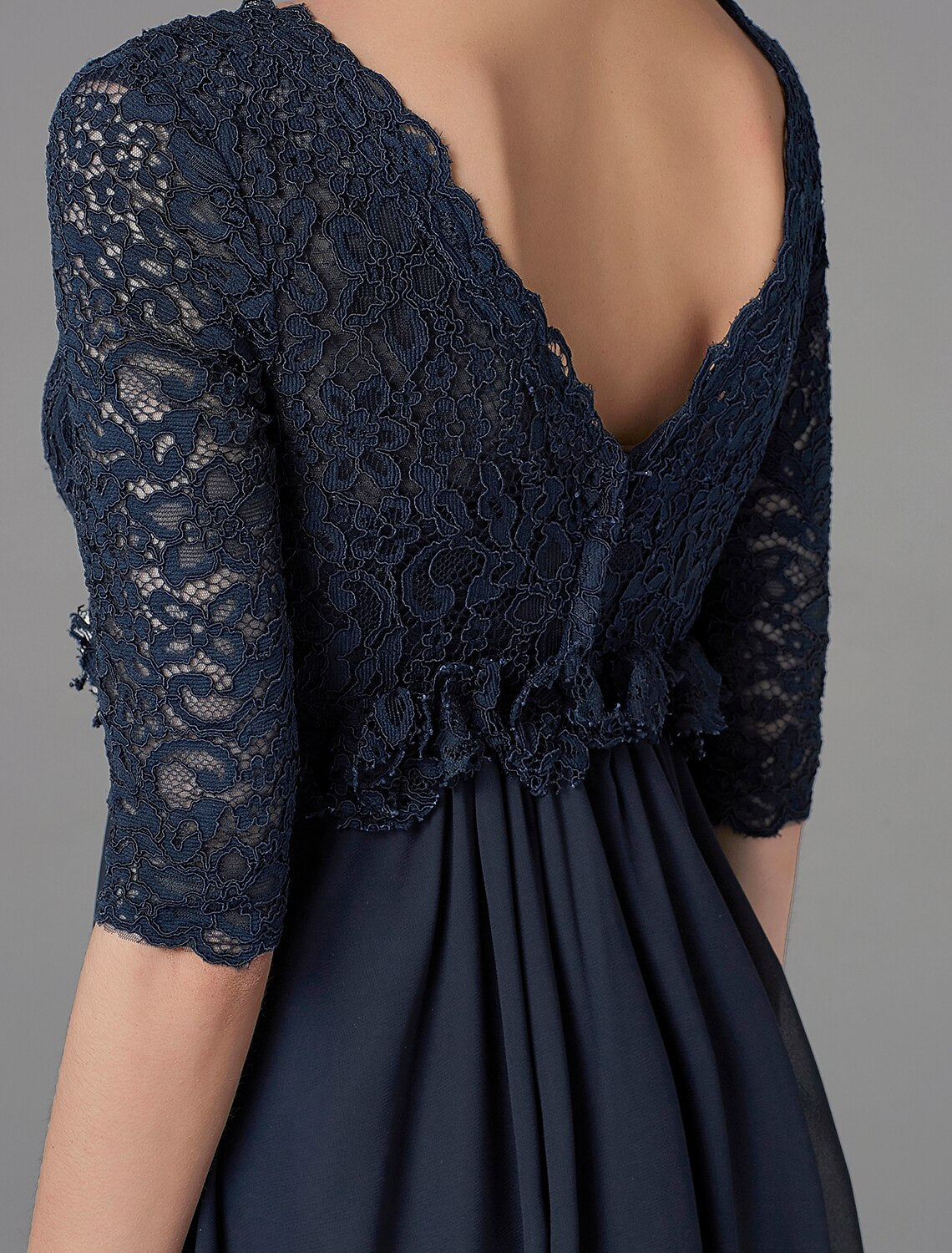 Abito da madre della sposa a trapezio, elegante e lussuoso, con scollo a V, lunghezza pavimento, in chiffon e pizzo, mezza manica con fiocco/i in pizzo