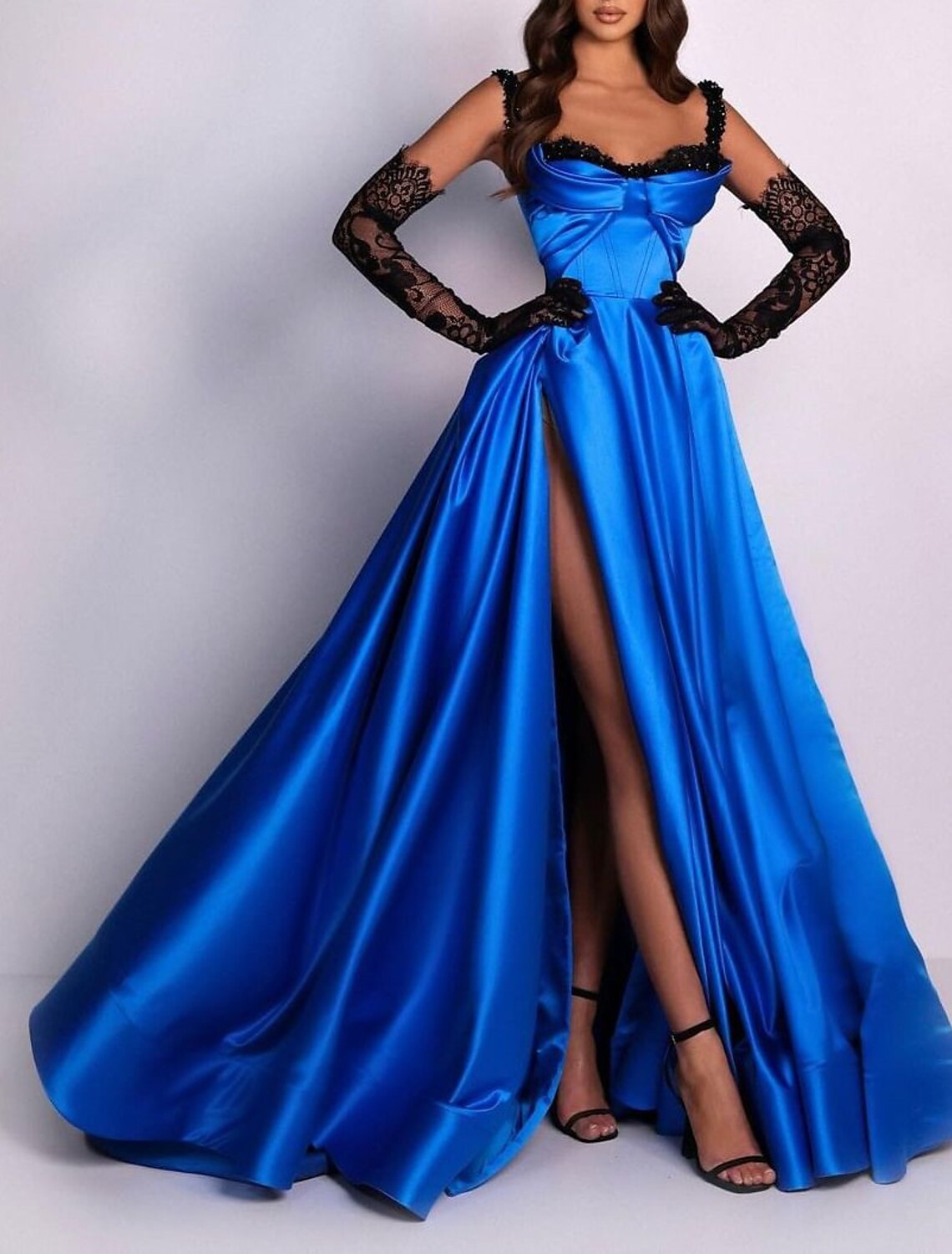 A-Line Evening Gown 1920s Black Dress Formal Masquerade Court Train Sleeveless Spaghetti Strap Satin with Slit